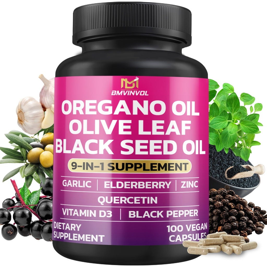 BMVINVOL Oregano Cesnak Olive Leaf Black Seed + 5 Viac - Imunitná podpora a trávenie zdravie Dodatok pre ženy a mužov - 100 Kapsule