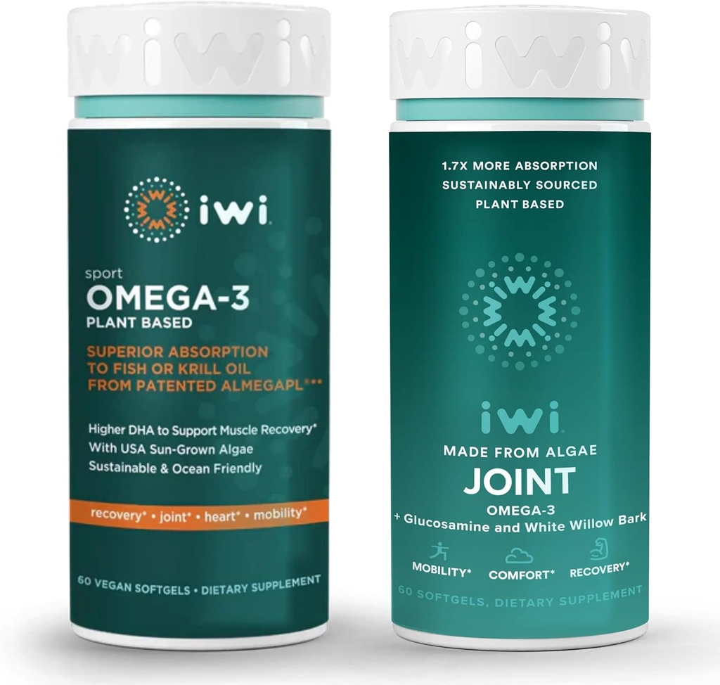 Iwi Omega-3 Sport & Joint Omega-3 Bundle, 30 Servings, Vegan Plant-Based Algae Omega 3, Krill & Fish Oil Alternative, No Fishy Dochute