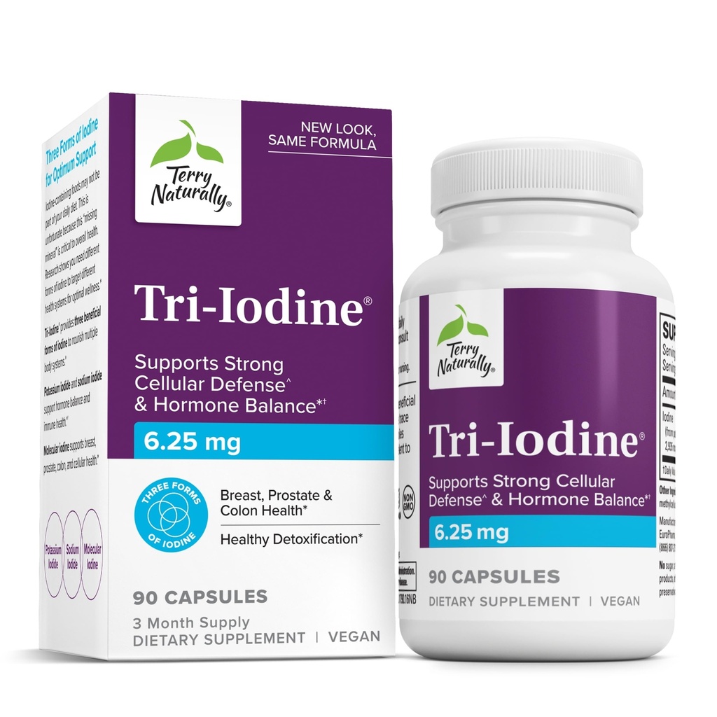 Terry Prirodzene Tri-Iodine - Podpora Zdravie štítnej žľazy - Aids Hormone Balance with Molecular Iodine from Kelp - Features Dusičnan draselný a jodid sodný - Brain & Energy Support - 6.25mg, 90 Kapsule