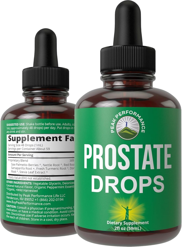 Prostata podpora doplnok pre mužov a zdravie. Vegan Kosher Prostate Health Liquid Drops with Organic Saw Palmetto, Nettle, Turmerica, Peppermint, Wild Sarsaparilla + Red Root