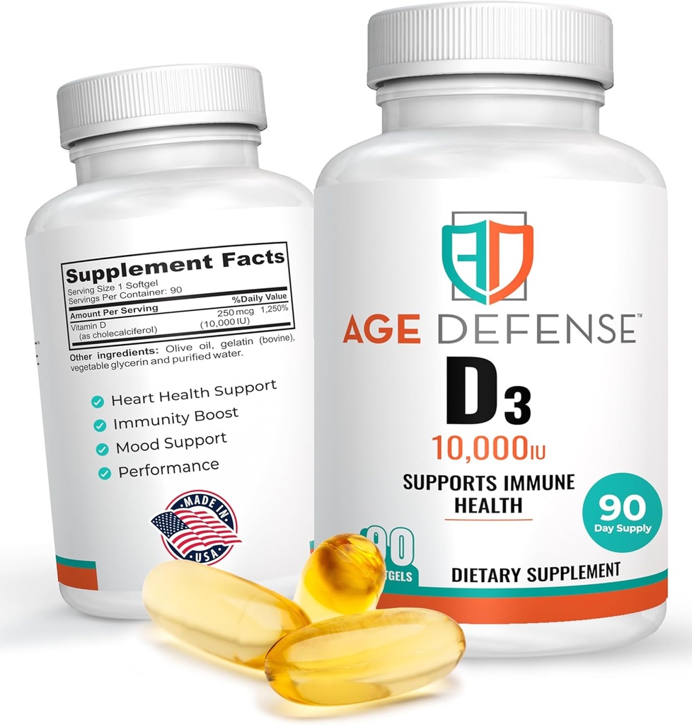 Vitamín D3 10000 IU - 90 Vitamín D 10000 IU Softgels for Heart Health, Immune Support, Mental Clarity & Muscle Function Support - Tablety s vysokými dávkami vitamínu D3 pre mužov a ženy - 250 μg