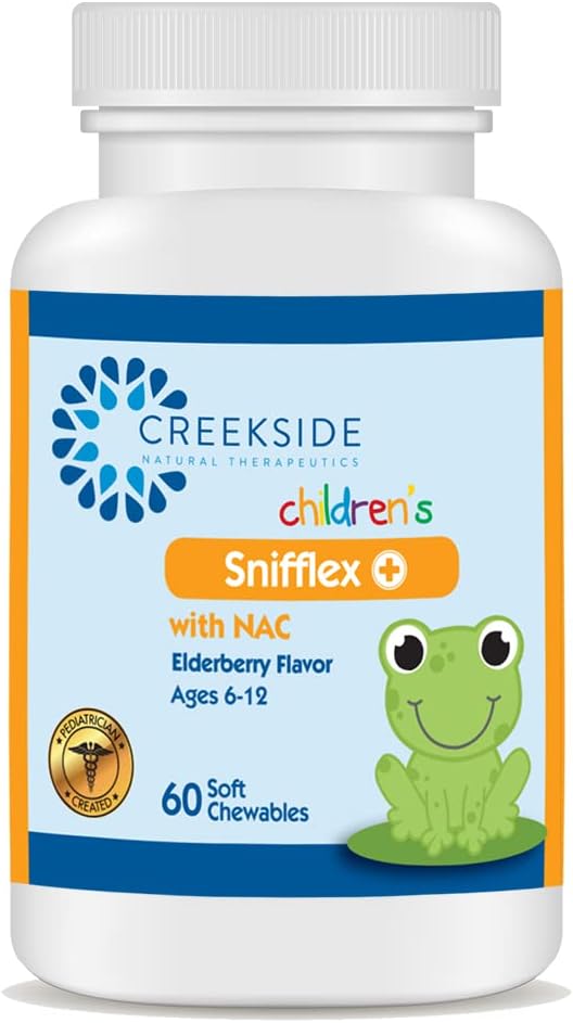 Creekside Naturals Snifflex, Detský Sinus & Respiratory Support, Staršie plody pre imunitné zdravie, pediater Formulovaný s NAC, Quercetin & Bromelain, Zero Sugar, Vegan, 60 Soft Chewables