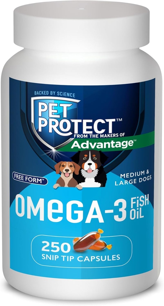 Pet Chrániť M/L pes Omega-3 doplnok, Vlastnícky voľný formulár Blend, podporuje normálne zápalové reakcie, Snip-Tip kapsule (250 Počet)