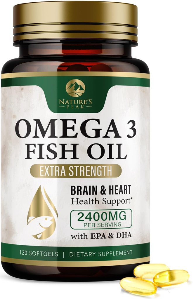 Omega 3 Fish Oil Pills 2400mg - Triple Strength Omega 3 Fish Oil Supplements - Best EPA & DHA Mastné kyseliny pre podporu mozgu a srdca zdravie, Príroda Omega3 doplnok, 60 Day Supply - 120 Softgels