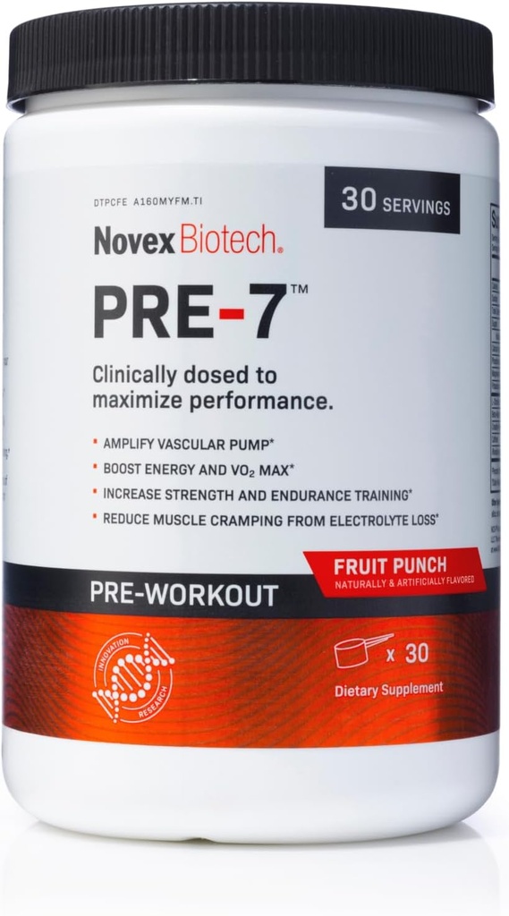 Novex Biotech PRE-7 Powder pre mužov - Boost Energy, Focus, and VO2 max, Podpora Hydratácia počas predĺženého cvičenia*, Fruit Punch