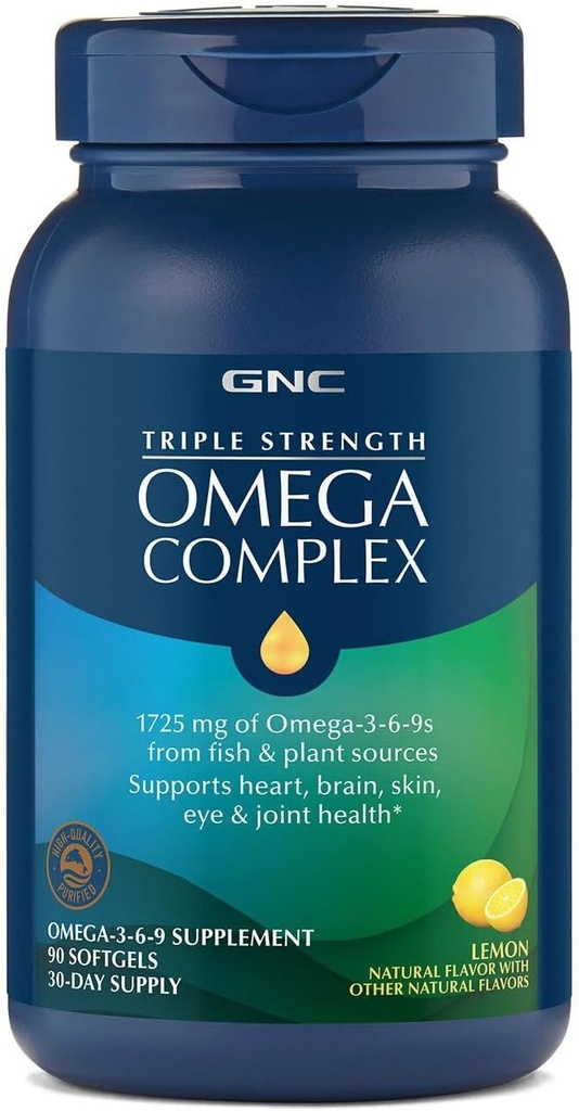 GNC Triple sila Omega Complex Omega 3, 6, 9 doplnok, 1725mg, citrónová príchuť, podporuje srdce, mozog, koža, oči a spoločné zdravie, 90 Softgels