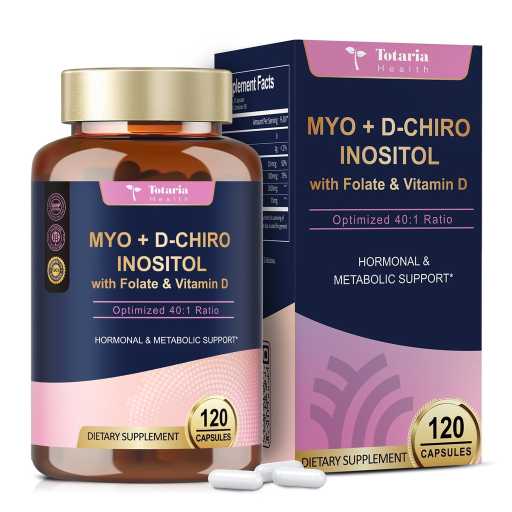 Totaria Myo-Inozitol & D-Chiro Inozitol Supplement Capules 3075mg, Plus Multivitamínový vitamín D3, Folát, Ideálny pomer 40:1 - Hormonálna rovnováha pre ženy a ovariána* Podpora 