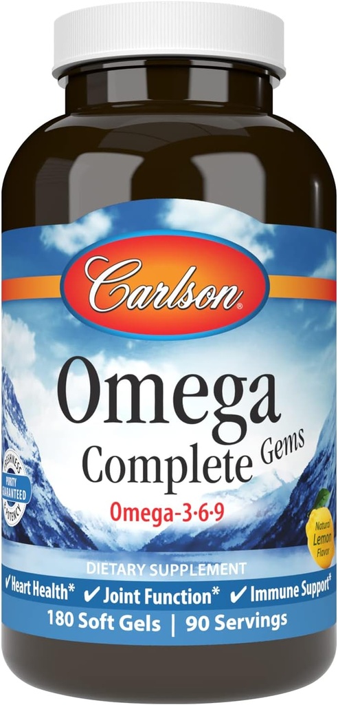 Carlson - Omega Complete Gems, Omega-3-6-9, Wild Caught, Trvalo dostupné, zdravie srdca, spoločná funkcia a imunitná podpora, 180 Softgels
