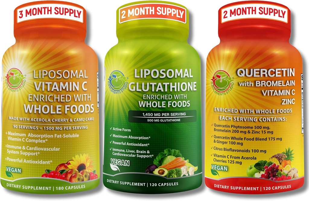 Kompletný rastlinný antioxidant a imunologická podpora Bundle - Lipozomálny vitamín C 1500 mg + Lipozomálny glutatión 500 mg + Quercetin s hypromelínom, zinkom a vitamínom C