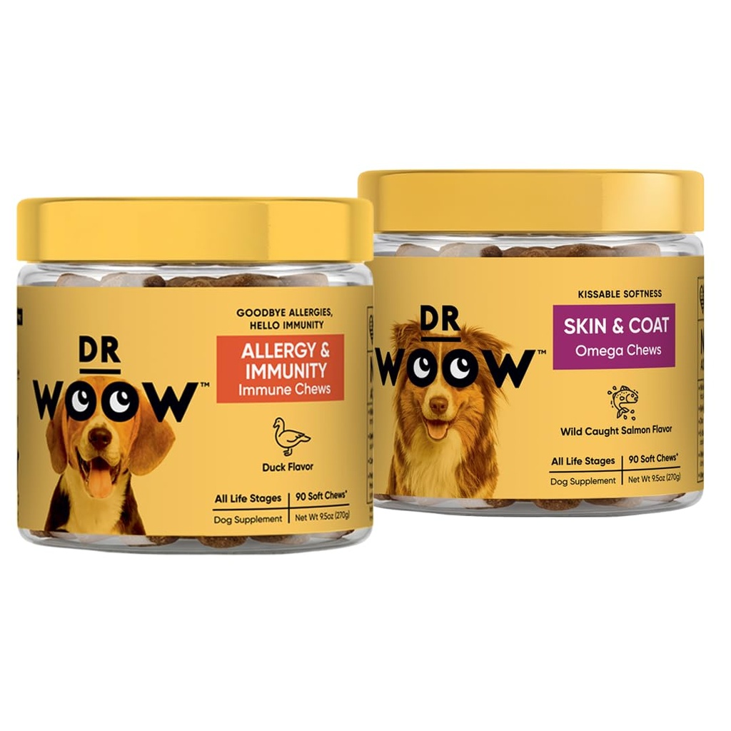 Pre, Pro, PostBiotic+ Salmon SkinHealth Soft Chew Supplement Bundle - Pes Vitamíny, Zinok, Biotin, Probiotiká, Omega 3 Rybí olej, a Wild Aljašský lososový olej, Cure Svrbiace kože