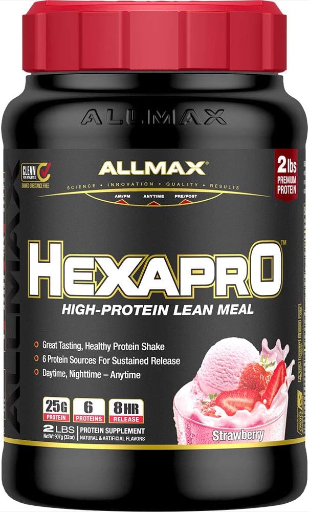 ALLMAX HEXAPRO, Strawberry - 2 lb - 25 Grams of Protein per Serving - 8-hour Trvalé uvoľnenie - Zero Sugar - 21 Servings