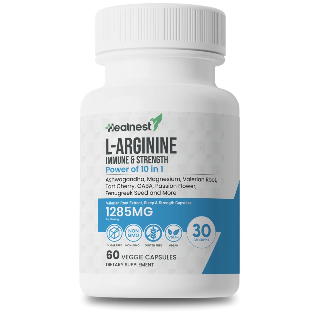 L-arginín kapsuly - 1285MG Zmes Ashwagandha, L-Theanine, horčík, GABA, Zinok & Tart Cherry 