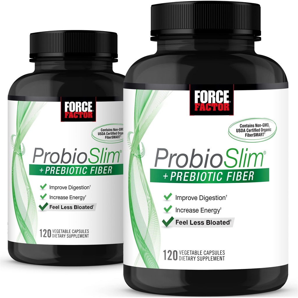 Force Factor ProbioSlim + Prebiotické Fiber, Metabolizmus Booster pre ženy a mužov, Tráviaca podpora zdravia, Zelený čaj extrakt a Psyllium Husk Fiber, 120 Počet (Stock of 2)