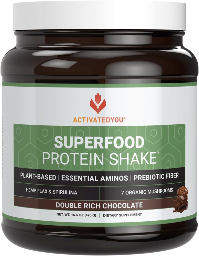 ACTIVATEDYOU Superfood Protein Shake - Vegan Plant Protein Powder - s organickým 7 Hubová zmes, Spirulina, a GoldRella Chlorella - podporuje svalovú integritu, čokoládová chuť (15 Servíruje)