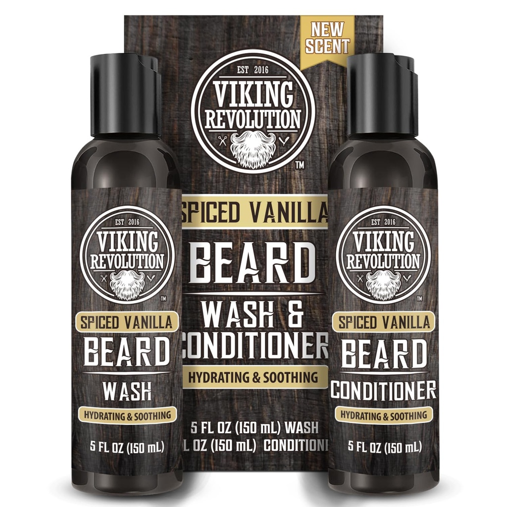 Viking Revolution Beard Wash and Beard Conditioner pre mužov s arganovým olejom a jojobovým olejom - bradový zmäkčovač a spevňovač medvedí šampón a kondicionér s medvedím olejom (5oz, pikantná Vanilla)