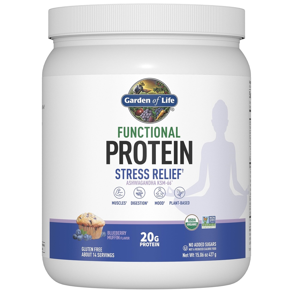 Záhrada života - Funkčné Protein stres Relief - 20g Organické Kroped & Fermented Protein Blend - Čučoriedková muffin, Mood Blend pre stres manažmentu, Ashwagandha KSM-66, Vegan - O 14 Služieb