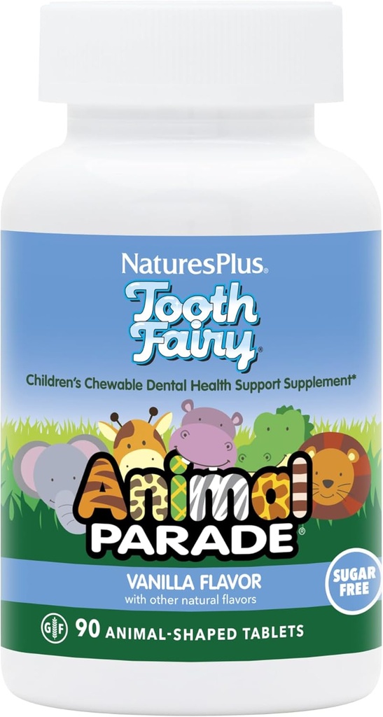 PrírodaPlus Animal Parade Zubná víla Detské žuvačky - Natural Vanilla Flavor - 90 Zvieracie-Shaped Tablety, Balenie 2 - Zubný zdravotný doplnok - Vegetarián, bez lepku - 90 Celkové služby
