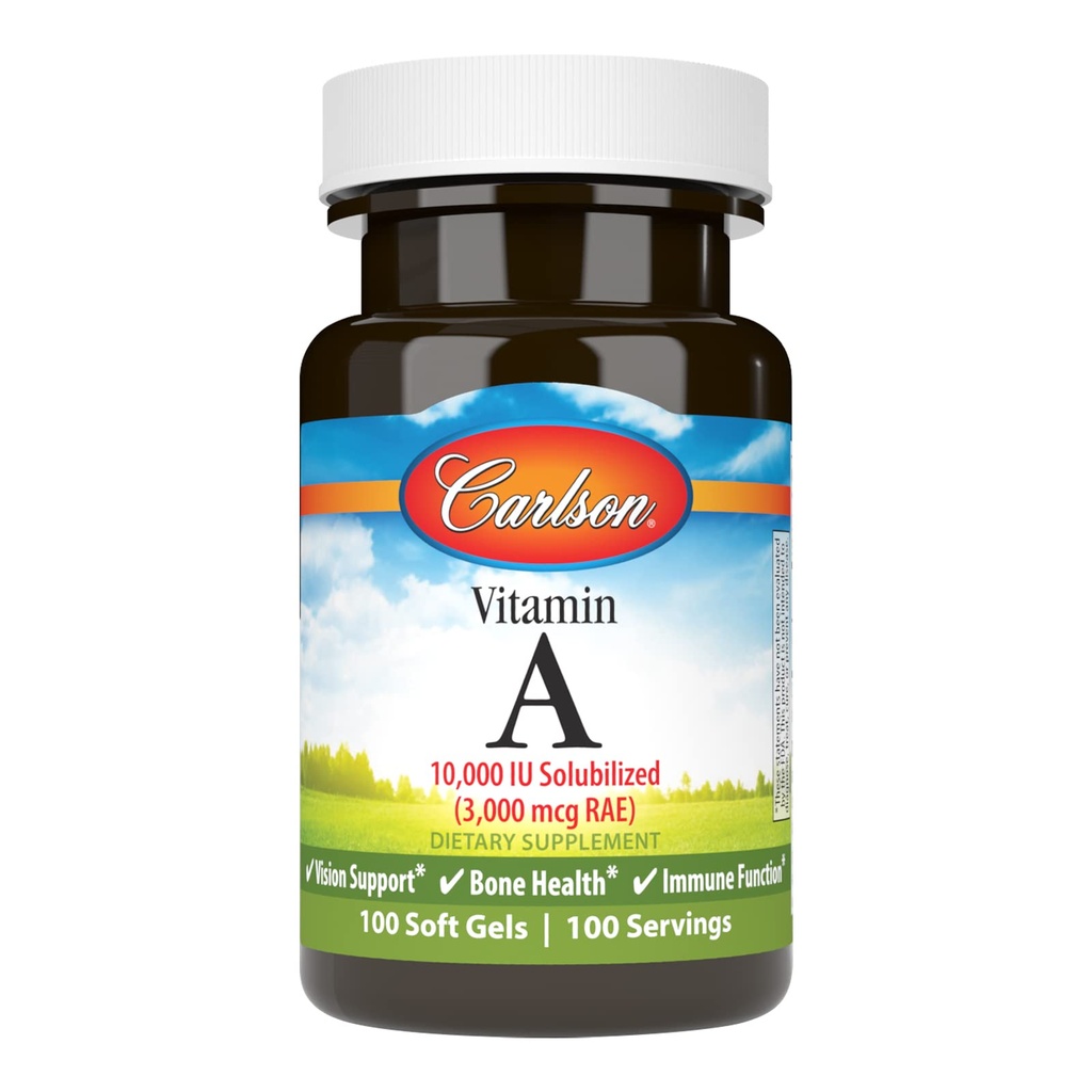 Carlson - vitamín A Solubilizovaný, 10000 IU (3000 μg RAE), rozpustná voda, zdravie zraku, 100 softgelov