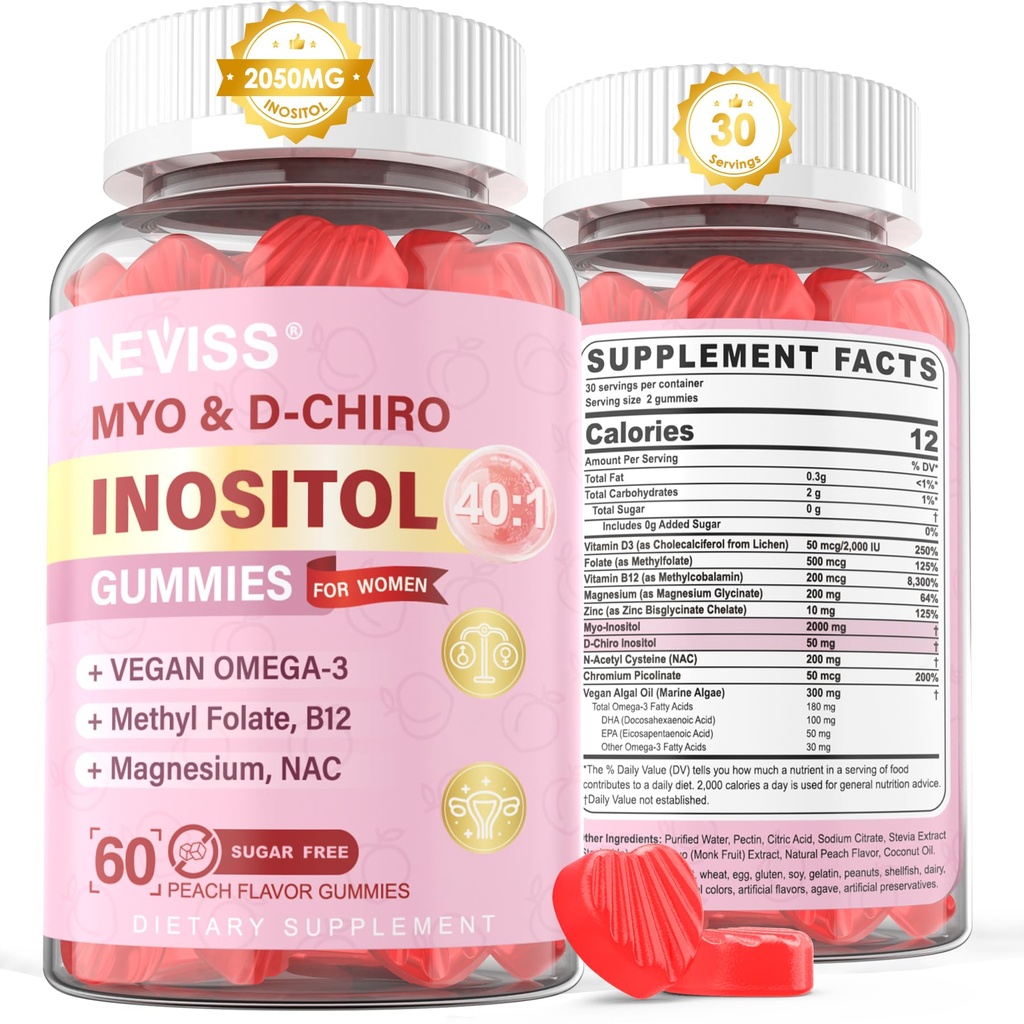 Myo-Inozitol & D-Chiro Inozitol Gummy bez cukru, Ideálne 40:1 Pomer Inozitol Dodatok pre ženy w/Vegan Omega-3, D3, horčík, metylfolát, B12, Inozitol Multivitamín pre celkové zdravie žien