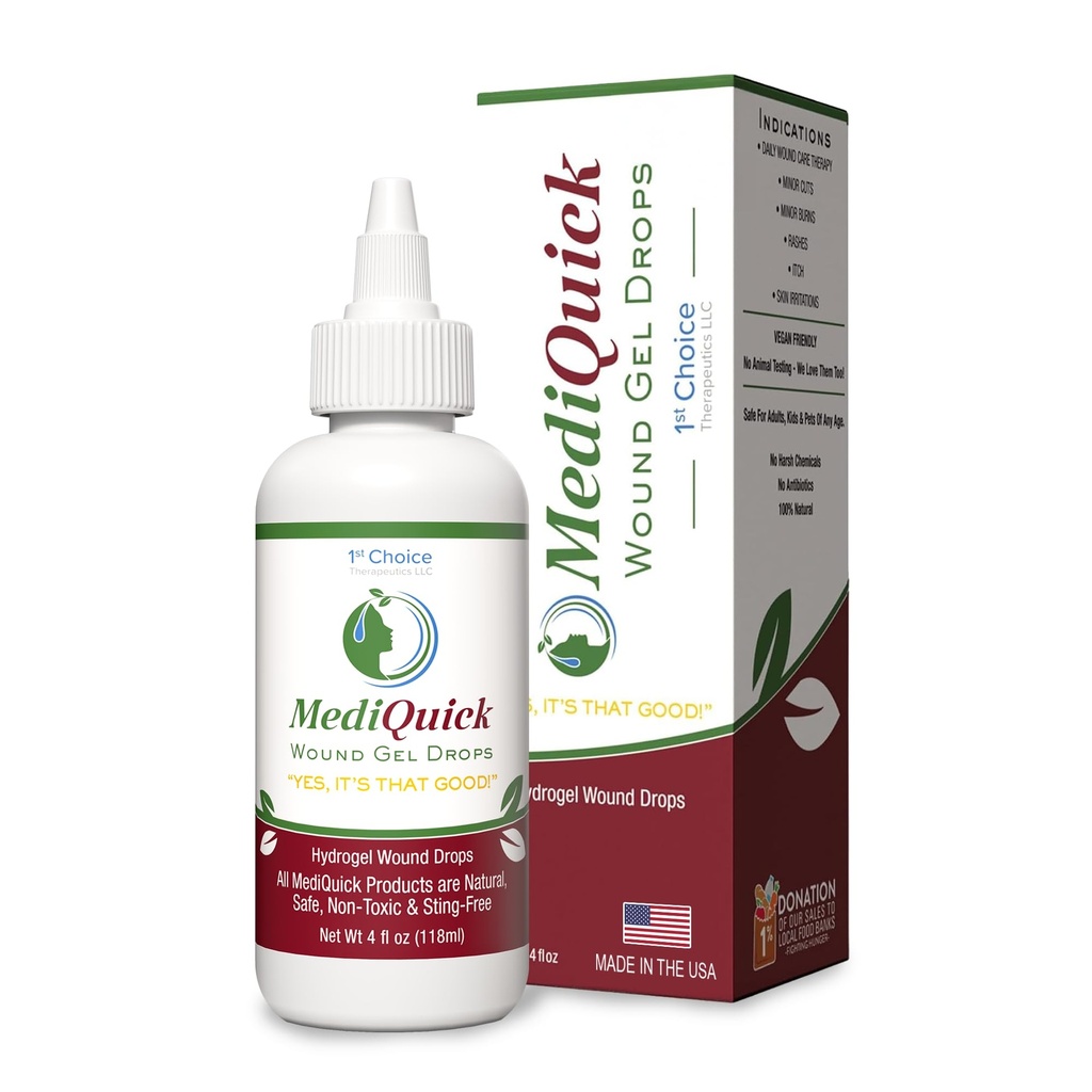 MediQuick kože a rán starostlivosti Hydrogel kvapky - Rýchle vyliečenie prvej pomoci kvapky s 12 Hodiny akcie na liečenie rezy, popáleniny, zápal, vyrážka, svrbenie, ekzém a viac - bezpečné umývanie rany s no-Sting - 4 Fl Oz