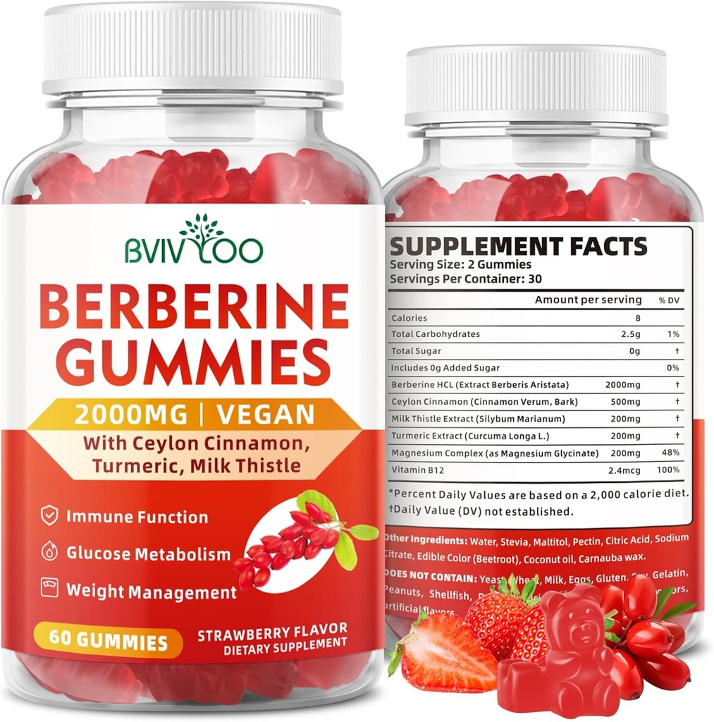 Berberine Gummies,Cugar Free 2000mg High Potency Berberine HCI Supplement, Plus Ceylon škorica, Milk Thitle for Women & Muži, Immune System & Replacement Support - 60 Gummies