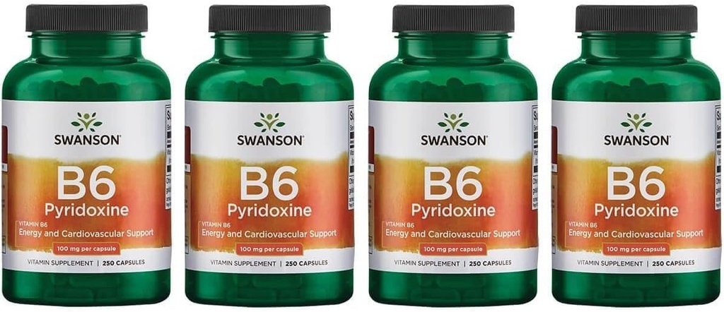 Swanson B6 Pyridoxín - Vitamínové doplnky podporujúce kardiovaskulárny metabolizmus a metabolizmus energie - Natural Formula podporujúce celkový wellness - (250 kapsúl, 100 mg každý) (4 balenia)