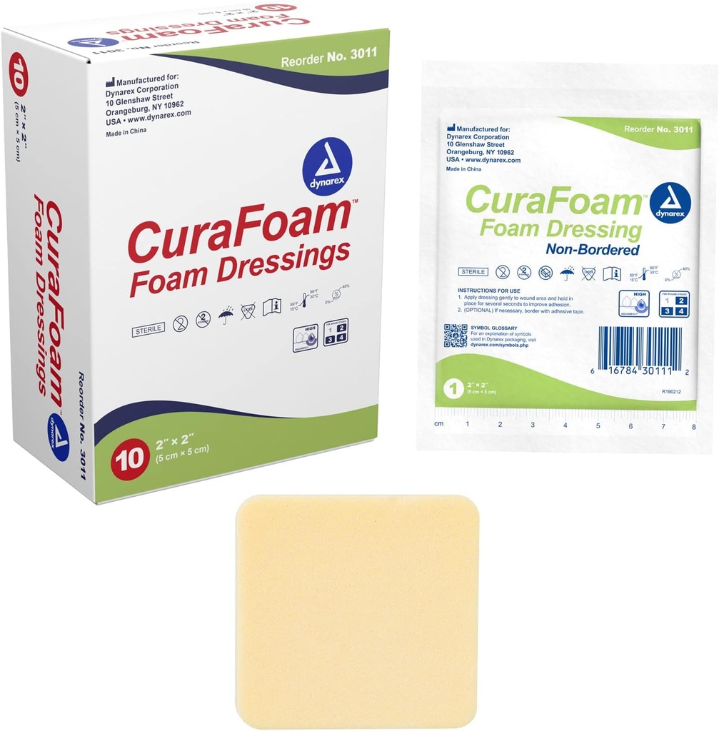 Dynarex 3011 CuraFoam Pena Dressing, non-objednané, Sterilné, Poskytuje Cussioned a Moist Wound Care, 2" x 2," balenie po 10