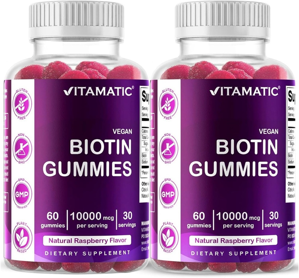 Vitamatic Biotin Gummies 10 000 μg pre silnejšie vlasy, kožu a nechty - 60 Vegan Gummies - tiež nazývaný vitamín B7 (2 fľaše)