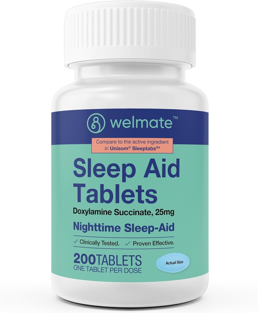 WELMATE - Nighttime Sleep Aid - Doxylamine Succinate 25 mg - for Adults & Children 12+ - 200 Tablets