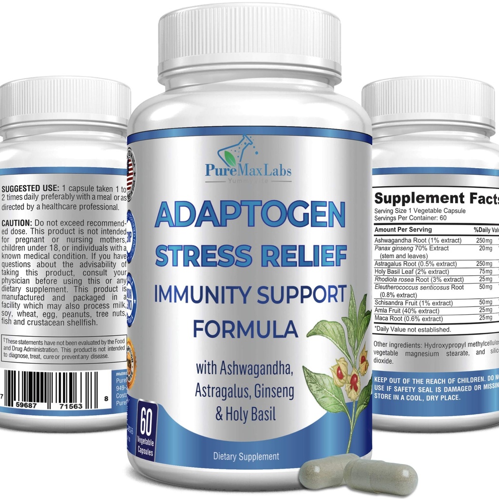 Adaptogen Stres Relief Immune Support Formula - Adaptogenic Adrenal Support with Ashwagandha, Astragalus, Ginseng, Holy Basil, Rhodiola, Amla, Maca, Schisandra, Non-GMO - 60 Kapsule