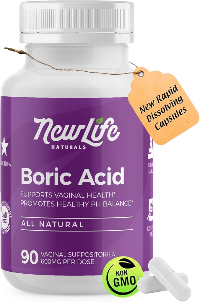 NewLife Naturals - Medical Grade Kyselina boritá Vaginálne domnienky - 600 mg - 100% Pure Ženy pH Balance Pills - kvasinková infekcia, BV - 90 Kapsule: Vyrobené v USA