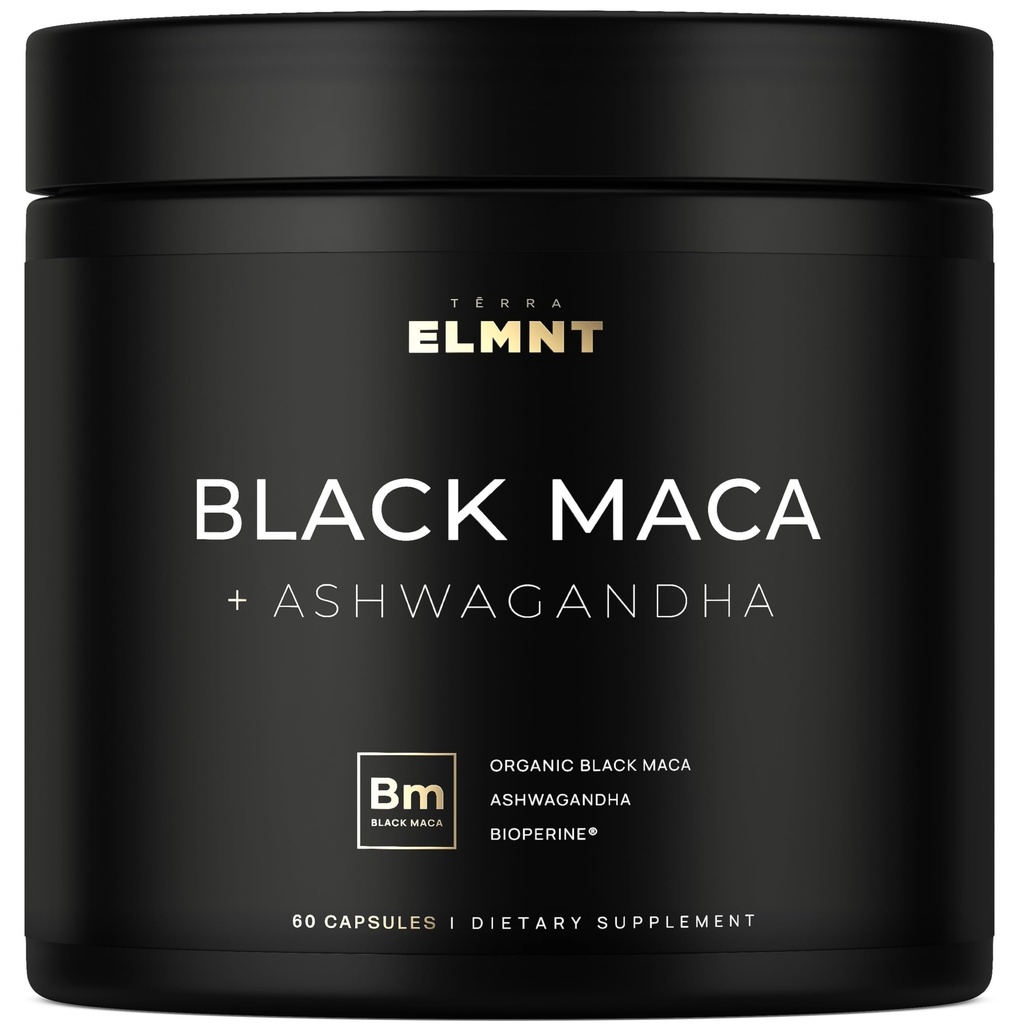 ELMNT 40.000mg 40x Sila Organic Black Maca Root w. Ashwagandha - # 1 Najvyššia potencie Black Maca Root Kapsule pre mužov Supplement 40:1 Extract - 100% Pure Maca Peruana Powder Pills Želatínové