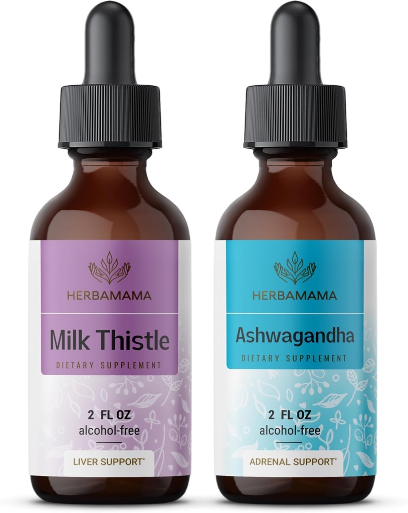Herbamama Herbal Liquid Drops Kit - Bundle of Milk Thitle Extract & Ashwagandha Root Tinture 2 fl oz - Vegan, Non-GMO, Cukor & Bez alkoholu - 2 balenia