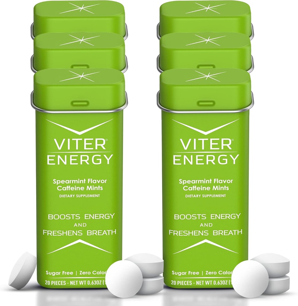 Viter Energy 40mg Kofeínové mäty - bez cukru, B vitamíny, Vegan, Boosts Fast Energized Alert Focus, Kofeínové Nootropic Supplement Pills (Spearmint Flavor, 20ks, 6 Balenie, 120ks celkom)