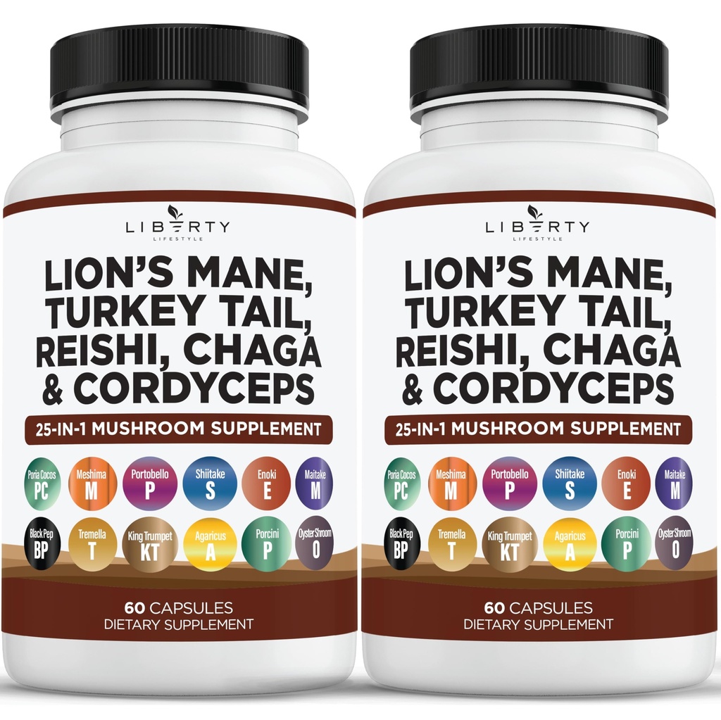 Lions Mane Huba Supplement s Tureckom chvost Reishi Cordyceps Chaga s marshmallow koreň - 2-Pack
