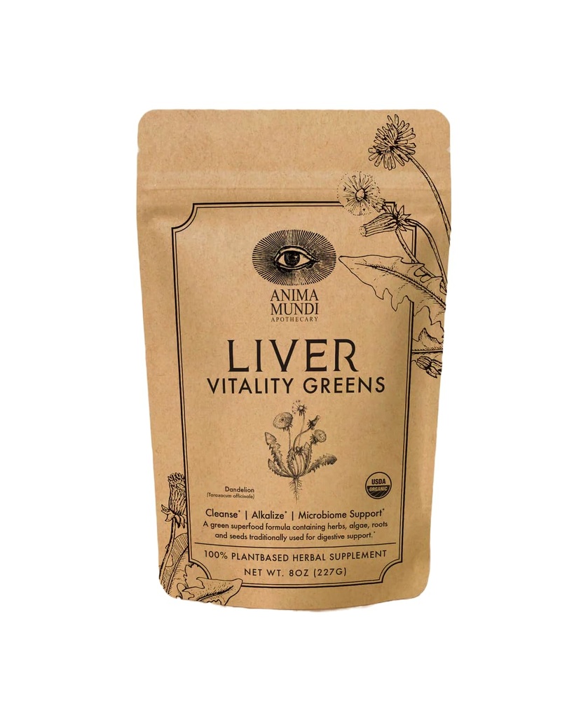 Anima Mundi Apothecary Super Greens Powder - Pečeň Vitality - Organic Superfood Greens & Herbal Prebiotiká pre pečeň Detox, Cleanse & Support - s Fair Trade púpava, Milk Thitle & More (8oz)