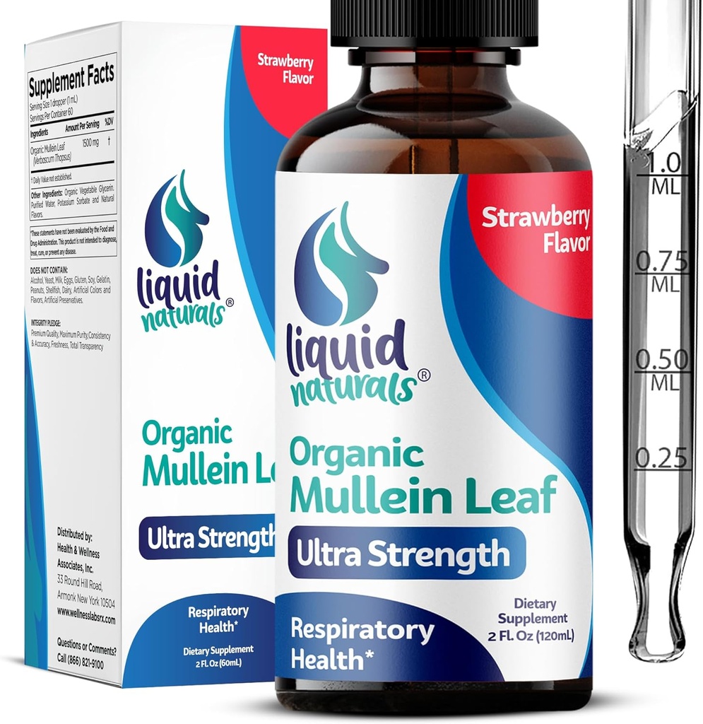 Mullein kvapky pre Pľúca, 2 Fl. Oz, Mullein Leaf Extract pre Pľúca Jahodová aróma, Mullien Lung Detox a očistiť, Mullen Tincurtation Podpora pre zdravé dýchanie