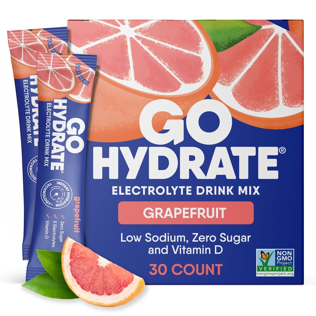 GoHydrate Powder Pakety s nízkym obsahom sodíka bez cukru - Instant Hydratácia Denný nápoj Mix - Zero Cukrová voda Ochutená Packet s vitamínom D - (Grapefruit, 30 balení)