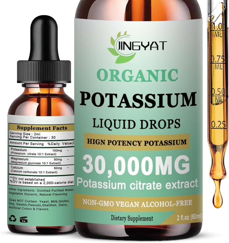 Kálium Magnézium Tekuté kvapky - Organické Liquid Supplement - Vysoká absorpcia Dusičnan draselný 1000 mg Magnézium Glycinát 500mg Vápnik pre srdce,Leg Cramps & Muscle - non-GMO, Vegan, 2 oz