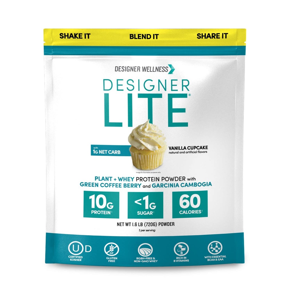 Designer Wellness, Designer Lite, Nízke kalórií Natural Protein, Prebiotické Fiber, Kľúčové vitamíny a minerály, Vanilkový koláč, 25.6 Ounces