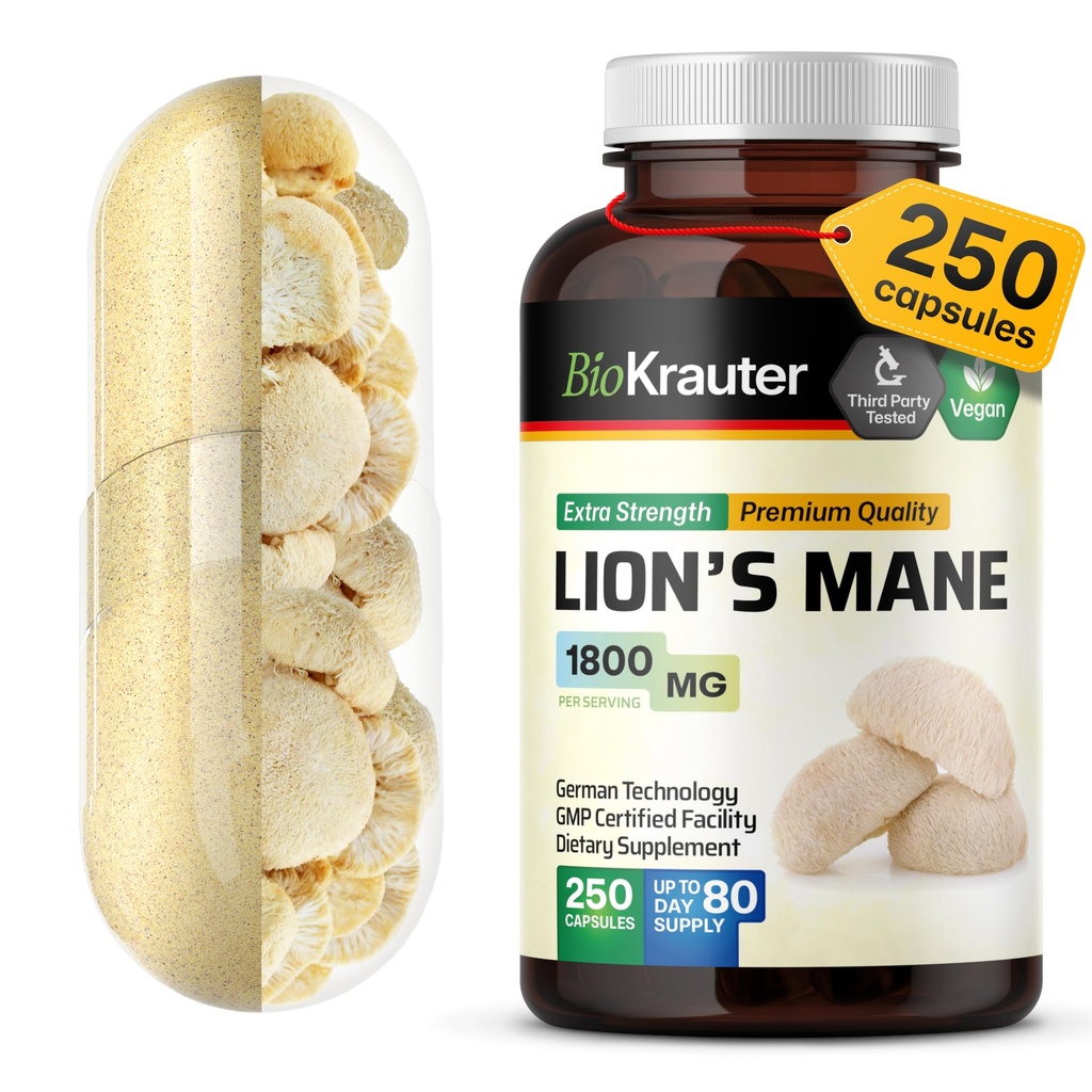 BIO KRAUTER Lions Mane Supplement Kapsule 1800 mg - 250 gróf - Vegan Lions Mane Powder Supplement for Brain Support - 3 mesiace dodávky - žiadne výplne