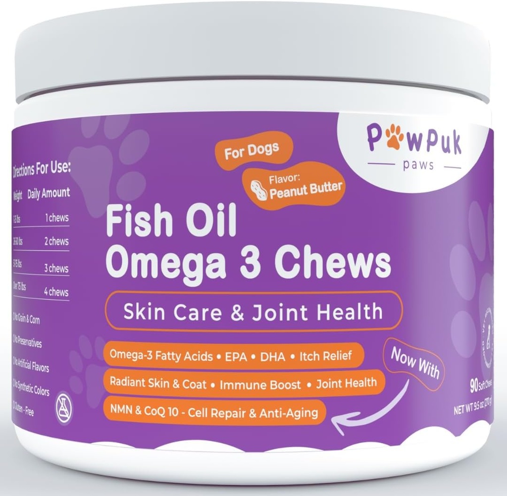 Omega 3 Rybí olej žuvačky pre psy - EPA & DHA pre zdravie kože a kozliat Plus celkové zdravie, svrbenie Relief, Joint & Mobility Support, CoQ10 & NMN - Natural Anti-Aging Supplement pre psy