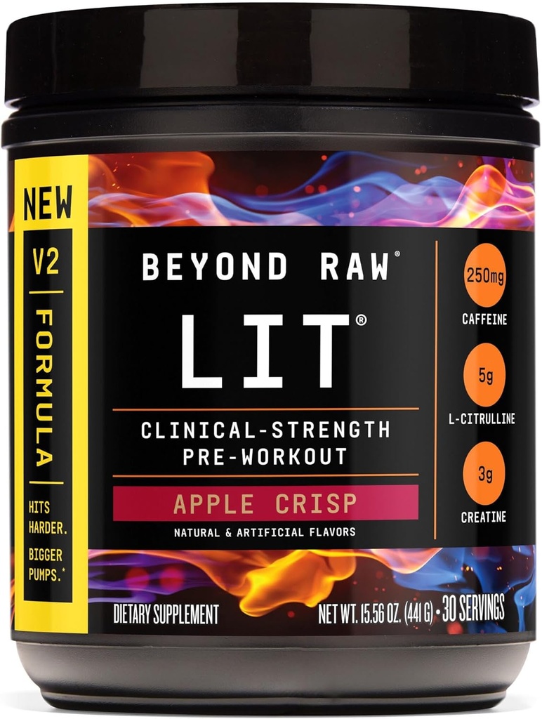 BEYOND RAW LIT V2 Klinická sila pre cvičenie prášok, hity ťažšie, Väčšie čerpadlá, kofeín, L-citrulín, Kreatín, Apple Crisp, 30 Servings