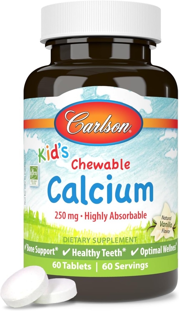 Carlson - detský žuvateľný vápnik, 250 mg, vysoko Absorbovateľný, Bone & Teeth Support, Optimal Wellness, Natural Vanilla Flavor, 60 tabliet