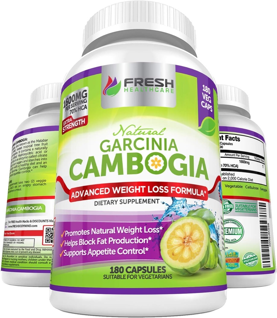ČERSTVÁ ZDRAVOTNÍCKA 100% Pure Garcinia Cambogia Extract - All Natural Apppetite Supressant & Weight Management Support - 180 Kapsule