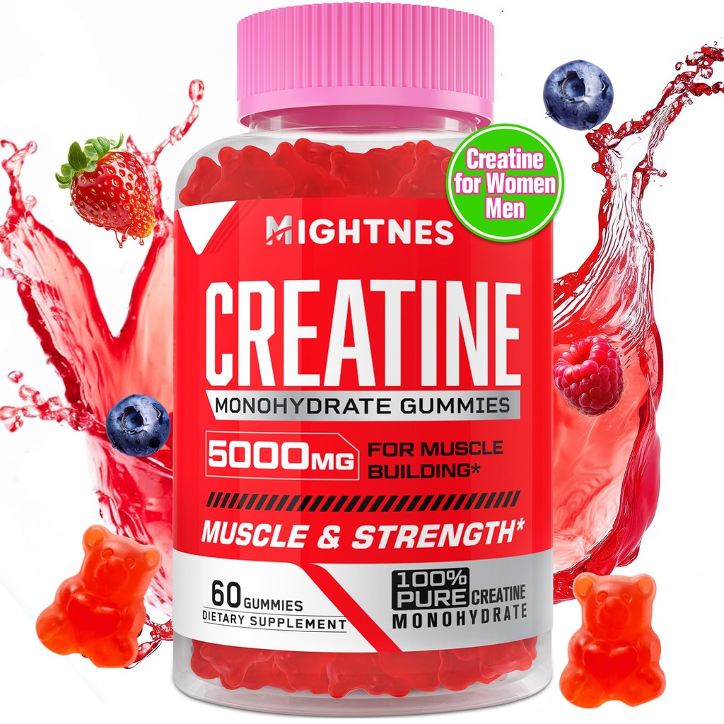 Monohydrát kreatínu Gummy pre mužov a ženy - kreatínové predúlohové Gummy s taurínom a vitamínom B6 B12 pre maximálnu silu, svalovinu, energiu, vytrvalosť a zameranie, organické, Vegan-60 počet