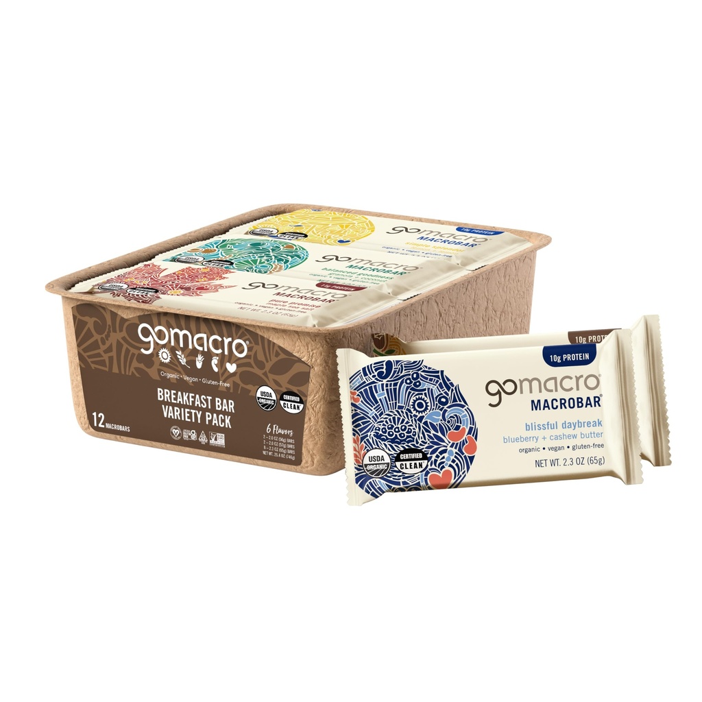 GoMacro Makrobar Organic Vegan Protein Bars, Raňajky Variety Pack, 12 Count