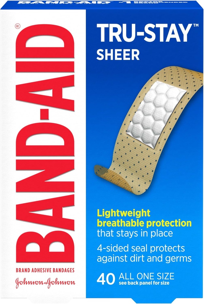 Band-Aid Brand Tru-Stay Sheer Strips Adhesiave Sterilné pásy pre prvú pomoc a ochranu proti rán, Individuálne zabalené rany starostlivosti o malé rezy a šroty, všetky jedna veľkosť, 40 ct