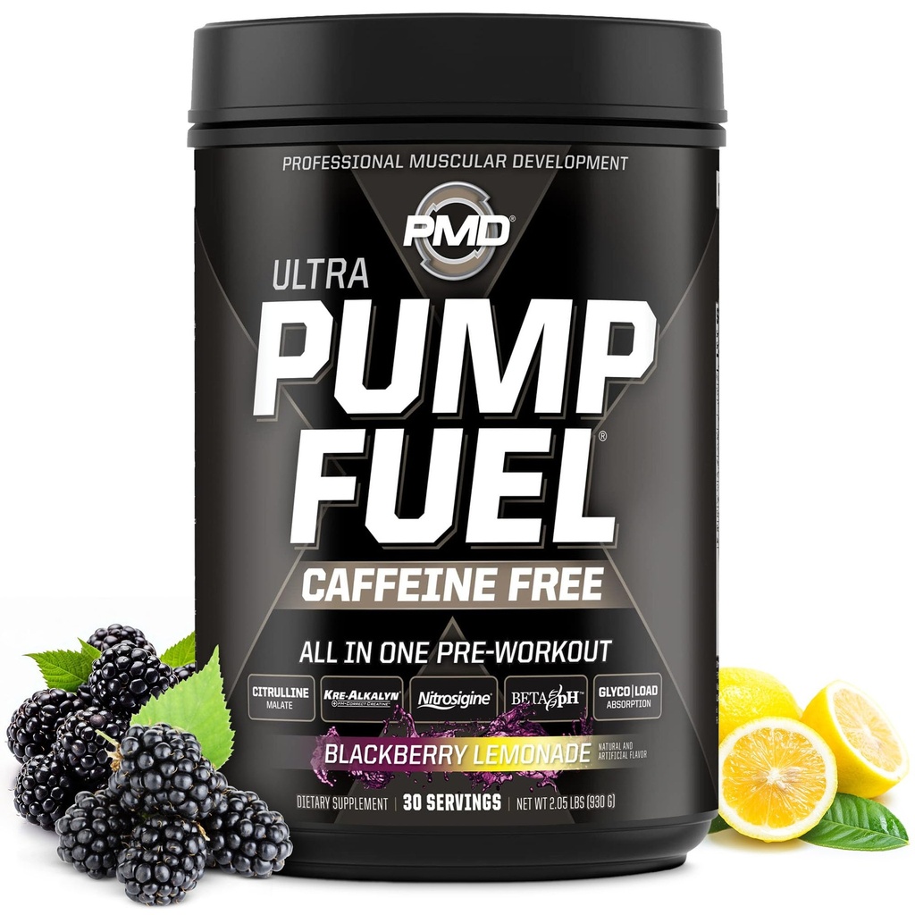 PMD Sports Pump Fuel Ultra Caffeine Free - Premium Pre Workout Powder & Muscle Pump, väčšie zameranie, vytrvalosť a zotavenie, Premium Creatine, Arginine & Beta Alanine - BlackBerry Lemonade (30 Servings)