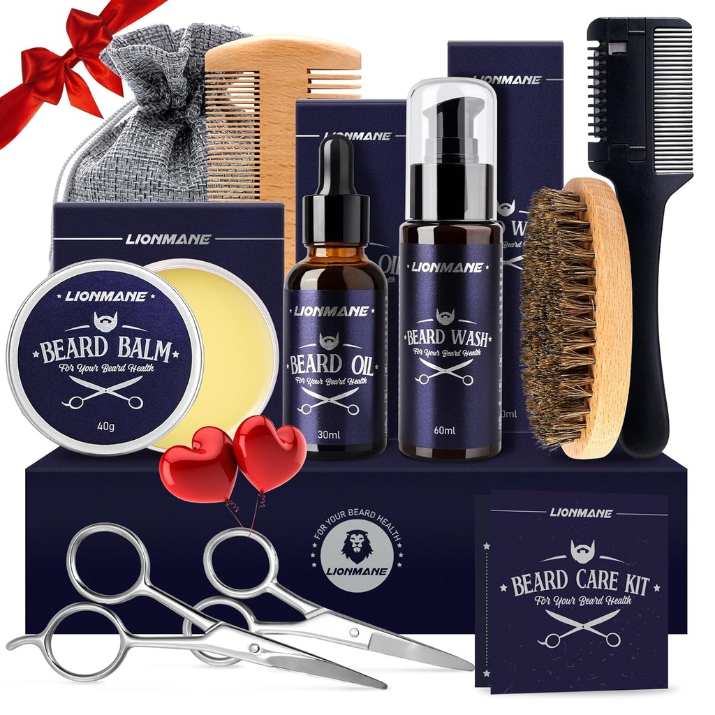 Lionmane Brada starostlivosť vianočné darčeky Súprava pre mužov, Brada fúzy Zúbkovanie Kit-Beard Balm, Brada umývanie, Brada olej, kefka, nožnice, narodeniny výročie vďakyvzdania darčeky pre manžela/Boyfriend/Dad/Him